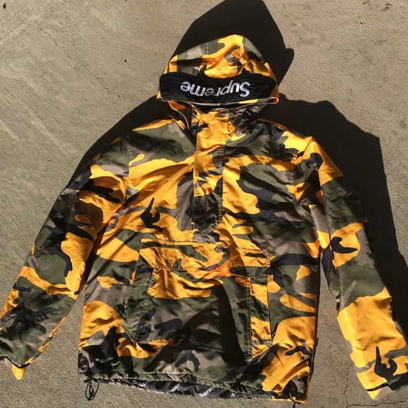 supreme hooded logo half zip pullover yellow camo
